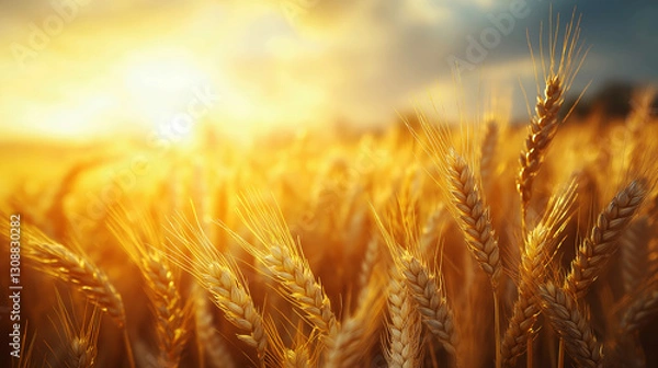 Obraz Close up a golden wheat field in full bloom in sunset. Harvest concept. Ai generated.