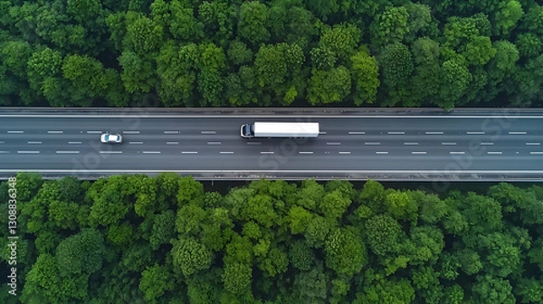 Fototapeta Aerial View Of A Highway With White Truck And Car Surrounded By Lush Green Trees