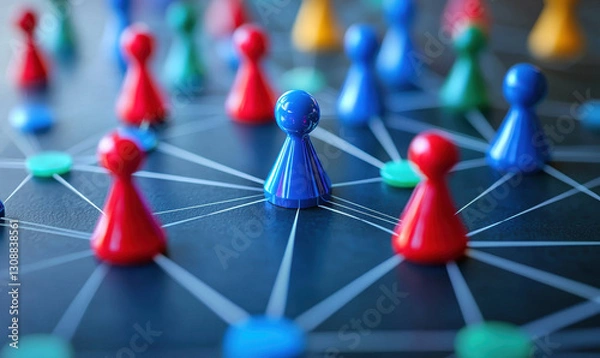 Fototapeta Digital community nodes connect through colorful game pieces, symbolizing interaction