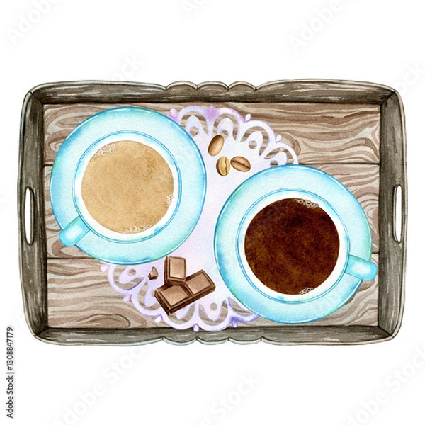 Fototapeta Watercolor png illustration: romantic breakfast, wooden tray, coffee cup, espresso, cappuccino, latte, chocolate, aesthetics on a round lace napkin. Hand drawn composition of objects on transparent.