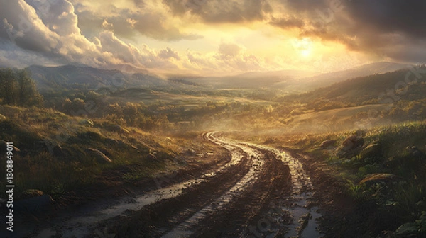 Obraz Sunset over a muddy road in a lush mountain landscape