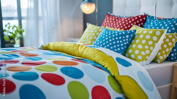 Obraz Colorful polka dot bedding in brightly lit modern bedroom