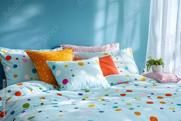 Obraz Colorful polka dot bedding on cozy bed in sunlit room with houseplant