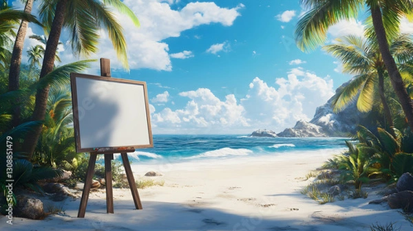 Obraz Tropical beach with easel and canvas on sunny day with palm trees and blue sky