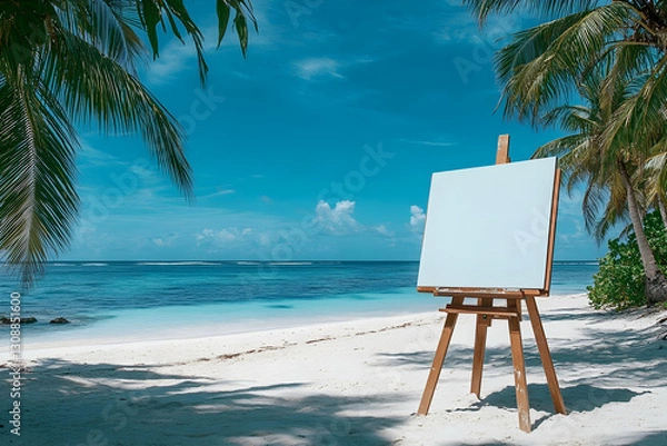 Obraz Serene beach scene with art easel on a sunny tropical shoreline
