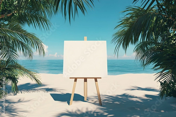Obraz Blank canvas on sunny tropical beach with blue ocean and palm trees
