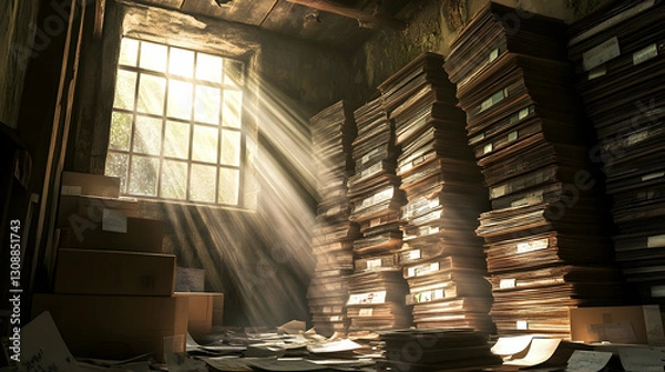 Obraz Sunlight streaming through window illuminating stacks of old files in dusty room