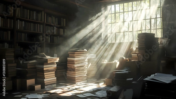Obraz Sunlit dusty library room filled with stacked books and papers