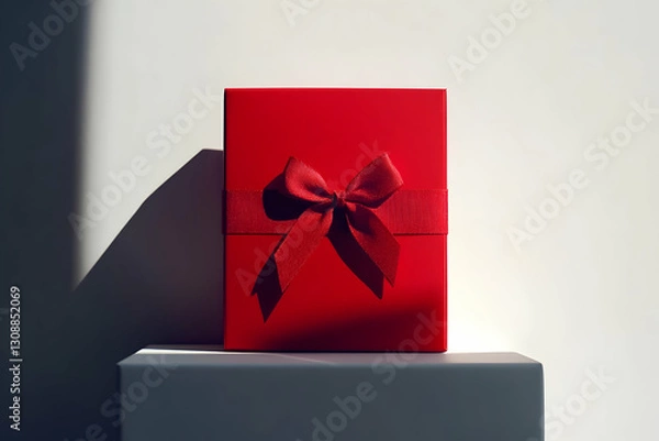 Obraz Red gift box with bow in sunlight on white background