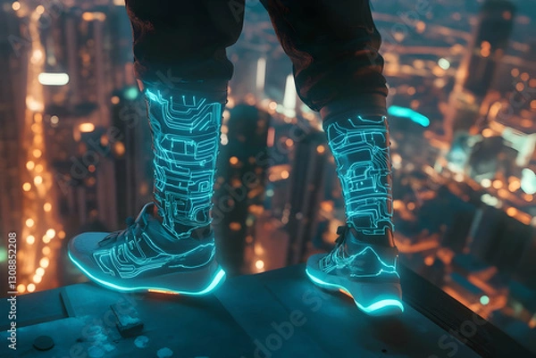 Obraz Futuristic cityscape with neon-lit high-tech boots