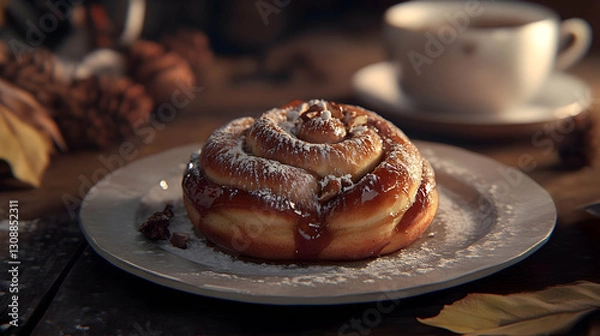 Obraz Warm cinnamon roll with icing and coffee on rustic autumn table setting