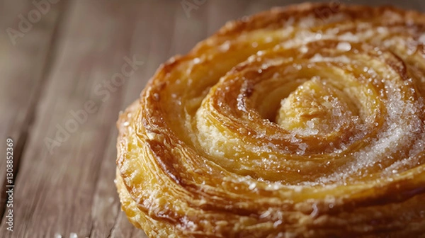Obraz Close-up of sugary spiral pastry on wooden surface