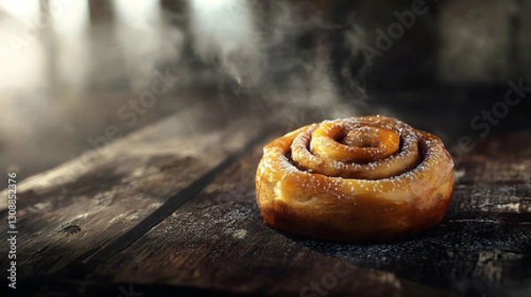Obraz Warm cinnamon roll on rustic wooden table with morning steam