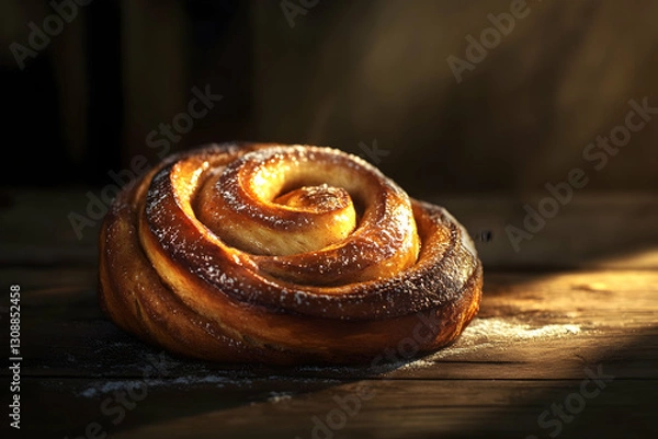 Obraz Glazed cinnamon roll on wooden table with sunlight highlighting golden brown crust