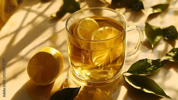 Obraz Refreshing lemon tea in glass mug with sunlit leaves