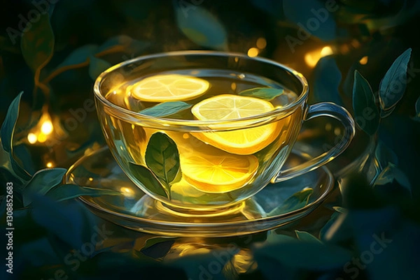 Obraz Warm lemon tea with fresh mint in glass cup surrounded by leaves in soft light