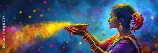 Fototapeta Vibrant Holi Color Powders in Bowls on Deep Blue Background for Festive Celebration Banners