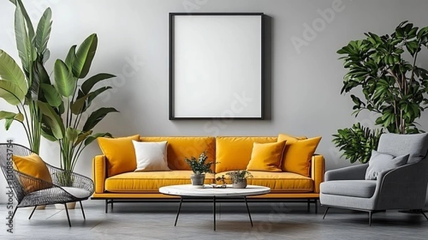 Fototapeta A modern living room with an empty black frame on the wall, a yellow sofa and coffee table in front of it, a grey armchair, plants, and a white background. 