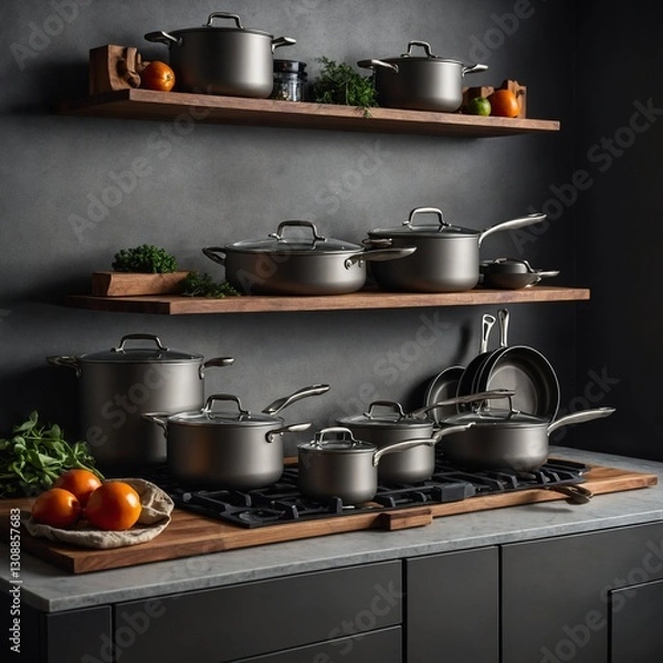 Fototapeta A sleek and modern titanium cookware set, arranged on a stylish open shelf.