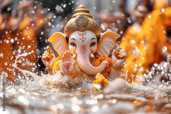Fototapeta A riverbank with devotees performing the Ganesh Visarjan ritual, gently immersing the idol in the water as they chant prayers