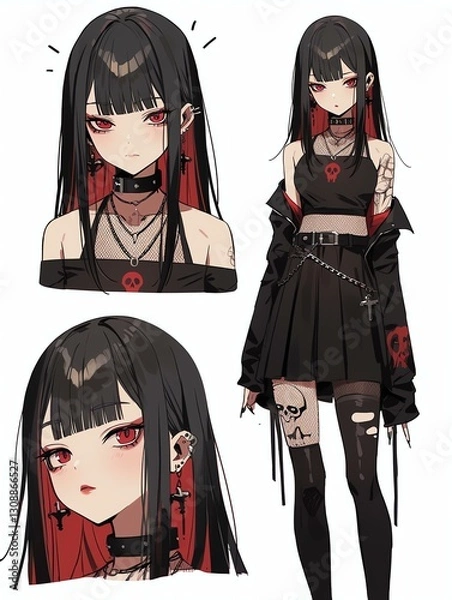 Fototapeta Gothic egirl striking red eyes black hair is showcased four views featuring intricate details unique style choker fishnet stockings skulladorned jacket