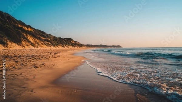 Obraz The sun sets over a tranquil beach, casting warm hues on the golden sands. Gentle waves lap at the shore, creating a peaceful atmosphere in the coastal landscape