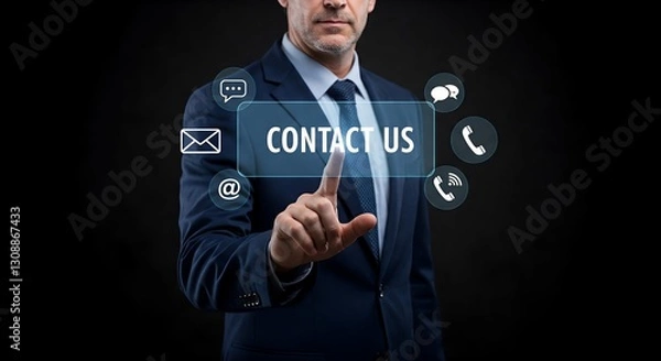 Obraz Contact us or the Customer support hotline people connect, businessman pressing virtual button on a virtual screen
