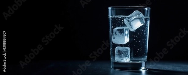 Obraz Black background with a glass filled with water and ice cubes, chilled, calm, serene