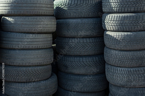 Obraz Closeup of a stack of used but well maintained car tires