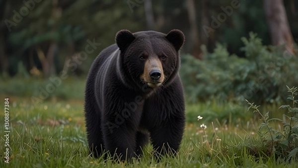 Fototapeta Black bear in the western wilderness, a close-up of a bear standing in a grassy field, surrounded by trees, black bear, The black bear's path to Olympic fame and majestic bear walks through a field.
