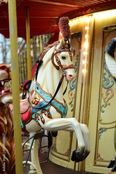 Obraz Closeup of a horse on a vintage carousel in an amusement park