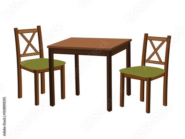 Fototapeta A wooden brown table with two green chairs on either side vector illustration