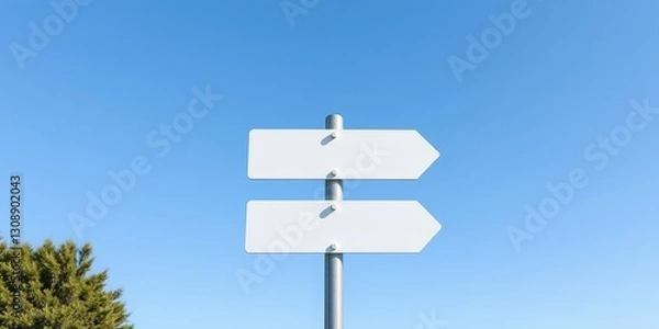 Fototapeta Empty Three-Arrow Road Signpost Against a Clear Blue Sky