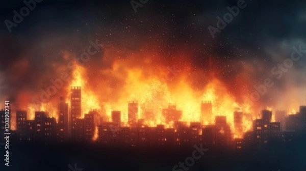 Obraz A city is on fire with a dark sky in the background
