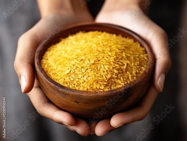 Fototapeta A traditional wooden bowl filled with golden rice grains in a pair of hands
