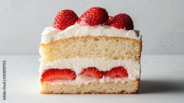 Fototapeta A slice of strawberry cake with whipped cream on top