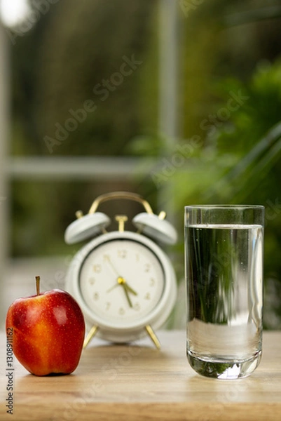 Fototapeta An apple and a glass of water on the table. Treatment of vitamin deficiency