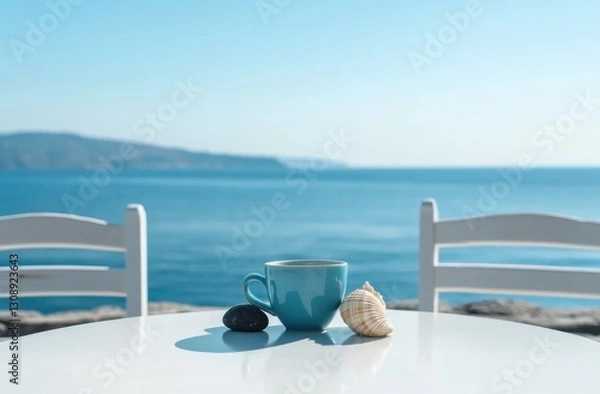 Fototapeta Blue coffee cup, shell and black pebble are placed on a white table with two chairs next to it. In the background is a serene view of the sea and a clear blue sky. Creating a beautiful summer scene.