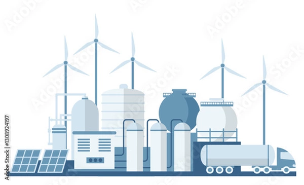 Fototapeta Green Hydrogen H2 Production from Renewable Energy Sources. Industrial Zone. Vector Illustration