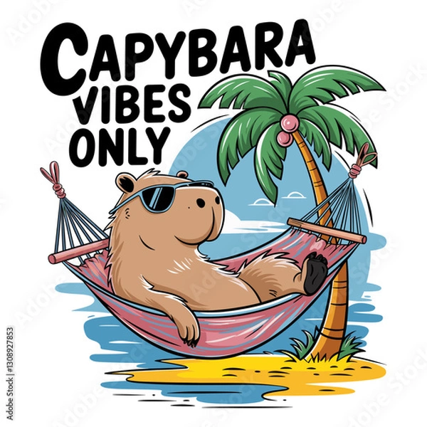 Fototapeta A cute animal is relaxing in a hammock by a palm tree. Vector image is titled Capybara Vibes Only