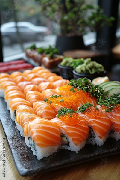Fototapeta Exquisite Salmon Sushi Array with Wasabi and Garnishes for Gourmet Dining