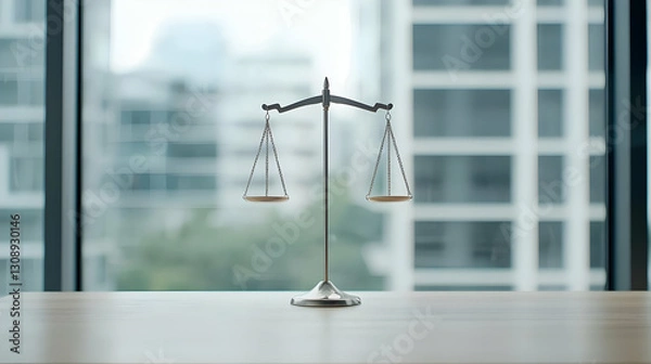 Fototapeta Metallic Balance Scale on Wooden Table in Modern Office Setting