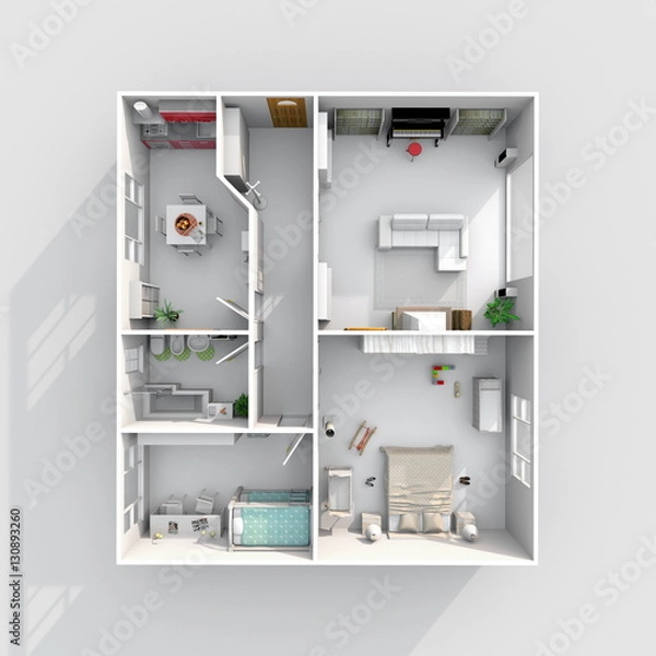 Fototapeta 3d interior rendering plan view of furnished home apartment