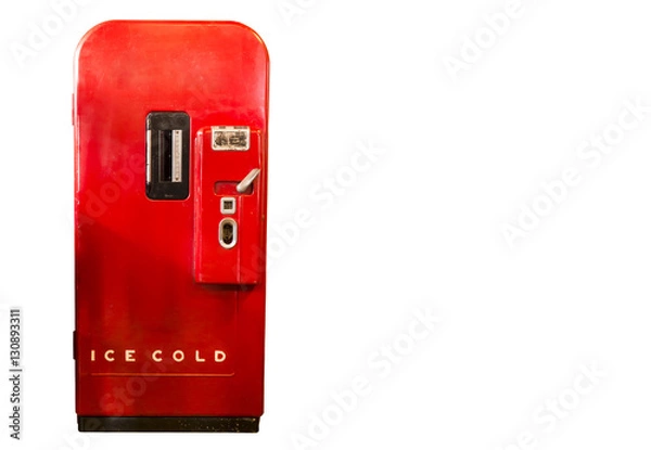 Fototapeta Red refrigerator in retro style.On the white background.