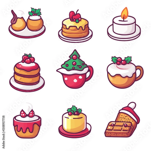 Obraz Whimsical Christmas Desserts: Holiday Treats with Festive Cartoon Icons