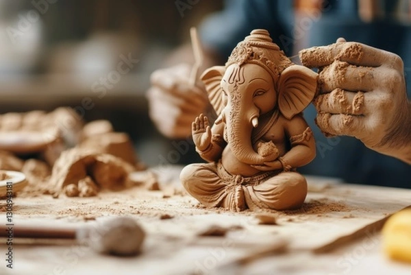 Fototapeta A detailed close-up of a clay Ganesh idol being sculpted by an artisan, showcasing intricate carvings and bright colors