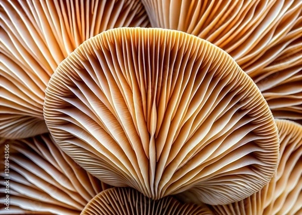 Fototapeta Intricate mushroom gills create a captivating abstract pattern, highlighting nature's delicate textures and organic shapes.