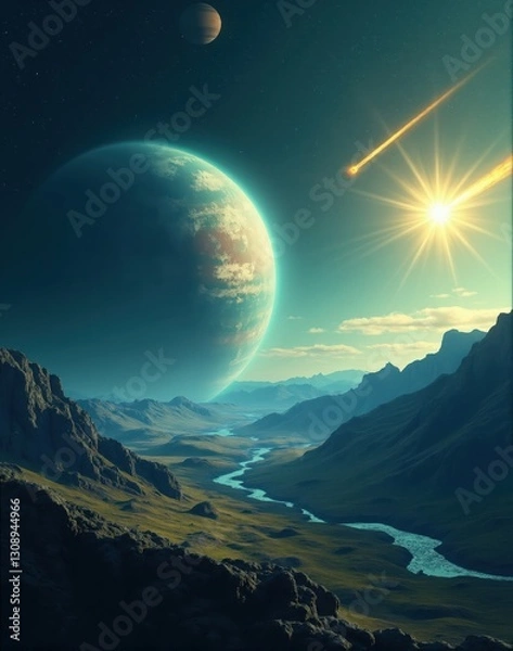 Obraz Extraterrestrial Landscape with Planet, Meteor, and River Valley