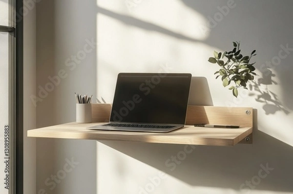 Fototapeta Minimalist home office setup with a laptop on a light wood wall-mounted desk. Sunlight streams in, creating a bright and airy atmosphere.