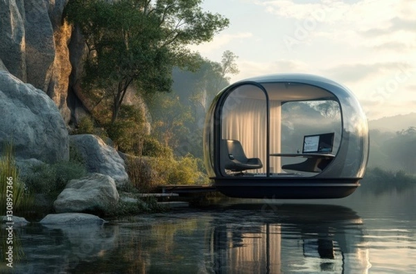 Fototapeta Serene lakeside workspace. Modern, minimalist floating office pod offers tranquility and productivity.